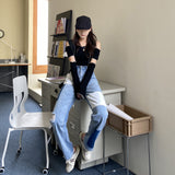 Harajuku Clothing Men Classic Retro Pants Straight Leg Pant Stitching High Waist Loose Men and Women Denim Straight-Leg Trousers