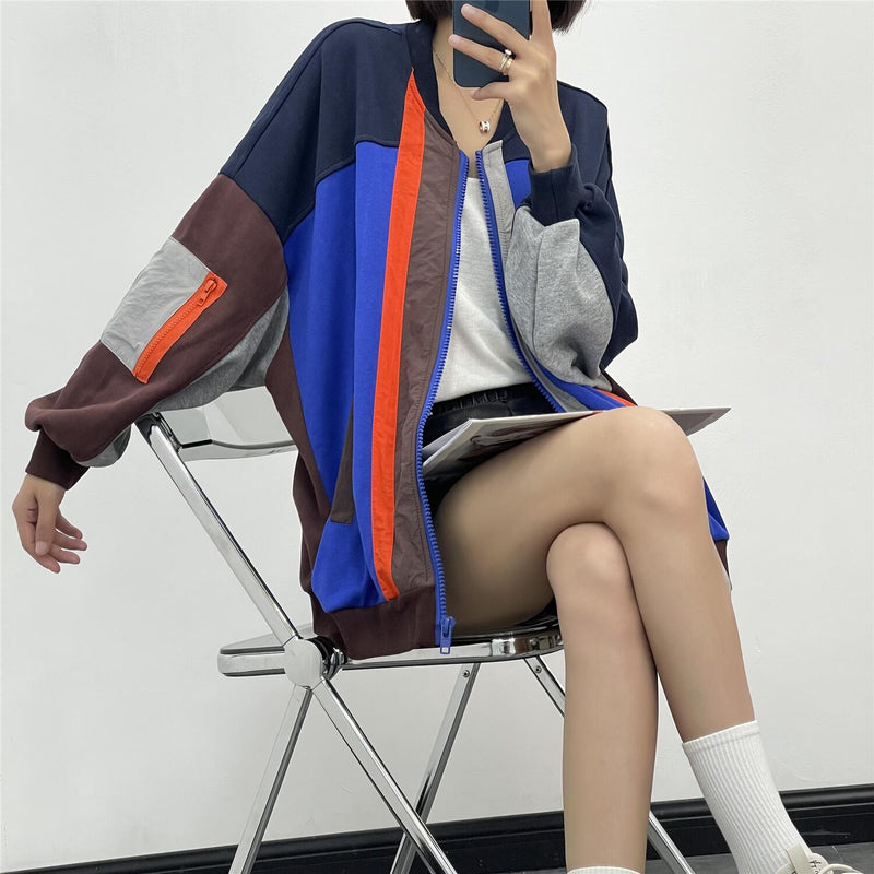 80's Colorful Leather Jacket Hoo Sweater Cardigan Zipper Contrast Color Loose Embroidery