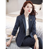Women Pants Suit Uniform Designs Formal Style Office Lady Bussiness Attire Striped Slim Fit Work Clothes