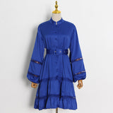 Green Fairycore Dress A- line Dress Autumn Small Stand Collar Single-Breasted Hollow out Stitching Lantern Sleeve Dress