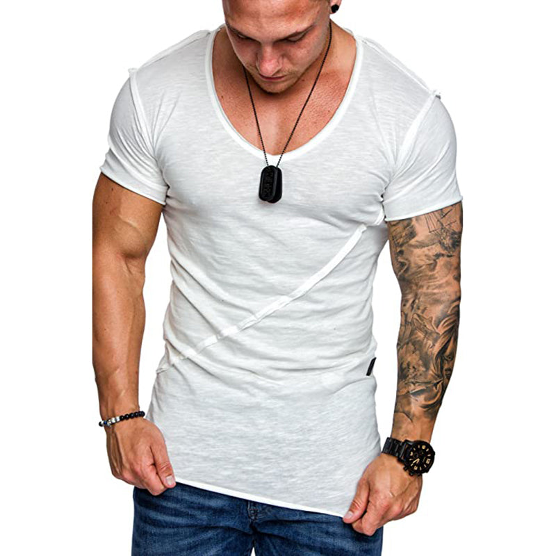 Men Tshirt Casual plus Size Top AliExpress 2021 Spring and Summer Foreign Trade New Men's Slanted Stripe Stitching Hem Small Leather Tag Design V-neck Short Sleeve T-shirt