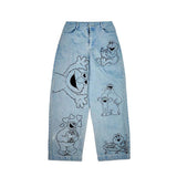 Anime Print Jeans Denim Pants Cartoon Printed Jeans Women Loose Straight Men