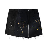 Men Jean Shorts Printed Raw Edge Denim Shorts Men's Loose Straight Shorts Summer Bermuda Shorts