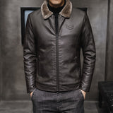 80's Leather Jacket Winter Leather Coat Men's Fleece-Lined Warm Middle-Aged Lapel Leather Jacket Coat