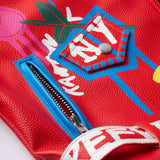Azalea Wang Graffiti Moto Jacket Spring and Autumn Street Short Coat Lapel Slim-Fitting Biker Long Sleeve Graffiti Red Leather Coat for Women