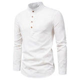 Men's Spring Shirts Casual Collar Tops Shirt Spring and Autumn Cotton Linen Long Sleeve Blouse Men's Solid Color Stand Collar Shirt Fashion