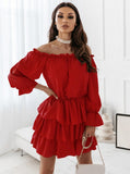 Red Peasant Dress Autumn Solid Color off-Shoulder Irregular Dress
