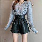 Leather Shorts Autumn and Winter High Waist Bud-Shaped Pants Fashion Slimming A- line Wide Leg Boot Pant