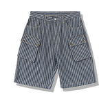 Men Bermuda Shorts Vintage Stripe Jeans Multi-Pocket Workwear Shorts Half Pants