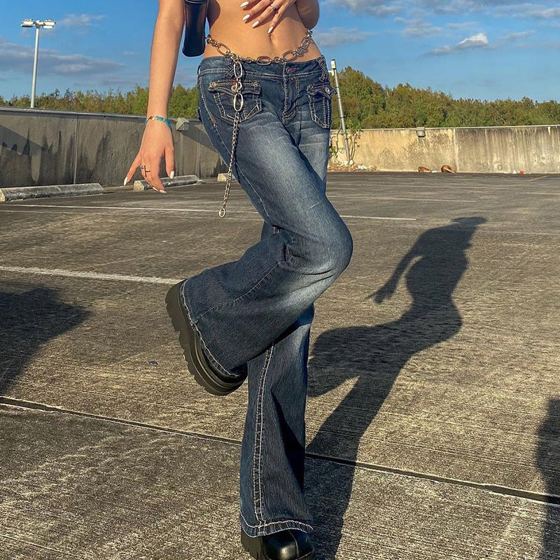 Low Rise Jeans Vintage Distressed Trendy Hot Girl Low Waist Pocket Jeans for Women