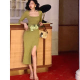 Green Fairycore Dress Retro Autumn Square Collar Knitted Dress Tight Waist Hip Split Mid-Length Skirt