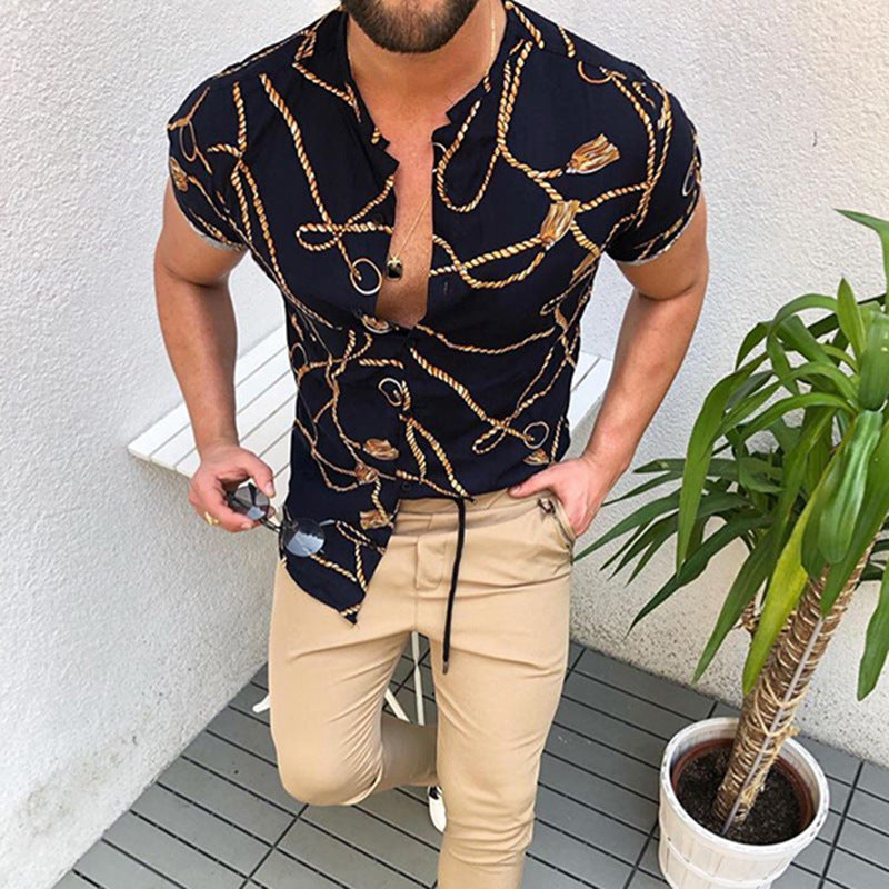 Men's Clothing Retro Sports Slim Stand Collar Printed Shirt plus Size Fashion Casual Short Sleeve Men Shirt