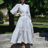 Green Fairycore Dress Summer Elegant Waist-Tight Slimming Puff Sleeve V-neck Patchwork Belt Long Dress