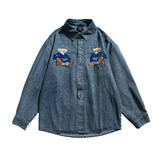 Men Shacket Long Sleeve Autumn Shirt Fall Lapels Washed Denim Shirt Cartoon Coat Loose Top