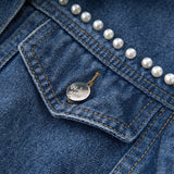 Pearl Jean Jacket Retro Design Beaded Loose Denim Short Coat