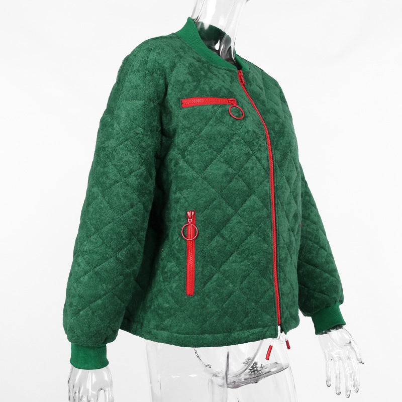 Cheerleader Letterman Jacket Round Neck Rhombus Loose Zip Baseball Uniform