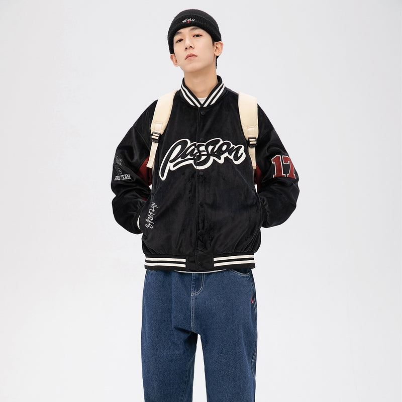 Varsity Men's Spring plus Size Retro Sports Affixed Cloth Embroidered Color Matching Fashionable Neutral Suede Baseball Jacket Male Student Men Jacket