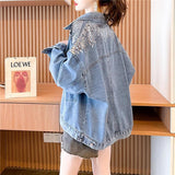Denim Sparkle Jacket Women's Design Spring Autumn Short Long Sleeve Loose