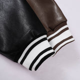 Two Tone Leather Jacket Letter Embroidered Long Sleeve Baggy Coat Men's and Women's Leather Baseball Uniform