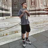 Present Letter Print T Shirt Present Skeleton Print High Street Retro Washed Distressed Vintage Casual Loose Couple Short Sleeve T-shirt