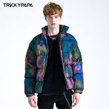 Men Fall Outfits Oversize Thickened Tie-Dye Stand-up Collar Cotton-Padded Coat Loose Cotton Padded Jacket