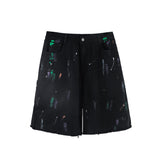 Mens Jean Shorts Paint-Splashing Style Graffiti Printed Denim Shorts Men's Trendy Casual Middle Pants Summer Loose Straight Shorts