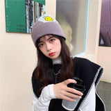 Women Beanies Smiling Face Big Patch Hat Beanie Hat Skullcap Female Autumn and Winter Thermal Knitting Woolen Cap