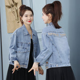 Women's Leather Jacket with Patches Spring and Autumn Smiling Face Embroidery Denim Jacket Women's All-Match Small Jacket