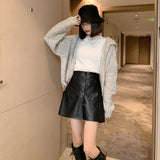 Leather Shorts Women's Autumn and Winter PU Leather Breasted A- line High Waist Slimming and Wide Leg Culottes