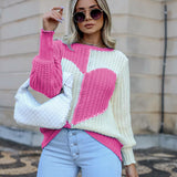 Valentine's Day Outfits Autumn and Winter round Neck Bell Sleeve Love Heart Contrast Color Knitted Sweater
