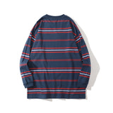 Mens Fall Outfits Street Retro Striped Round-Neck Shirt Long Sleeve T-shirt Loose Couple Inner Bottoming Shirt
