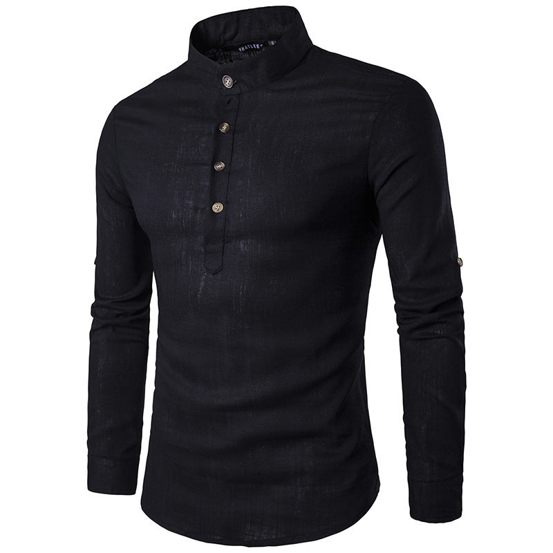 Men's Solid Color Stand Collar Long Sleeve Cotton Linen Shirt plus Size Fashion Casual Men Shirt