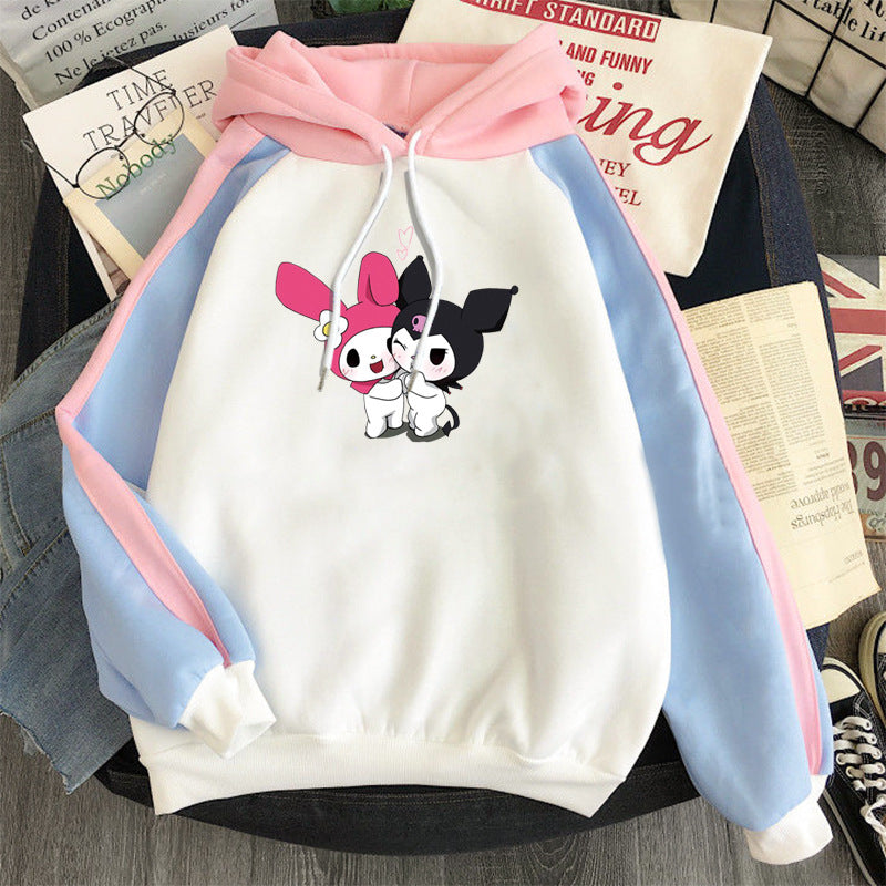 Kuromi Hoodie Cute Clow Beige Color Blocking Sweater Women Contrast Color Hoodie Jacket