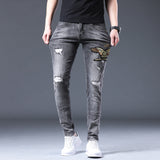 Men Distressed Jeans Man Ripped Jean Destructed Denim Pants Man Spring Summer Jeans Spring Slim-Fitting Elastic plus Size Retro Sports Trousers Trendy Jeans Men's Jeans