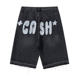 Men Jean Shorts Letter Printed Raw Edge Denim Shorts Men's Loose Street Straight Bermuda Shorts