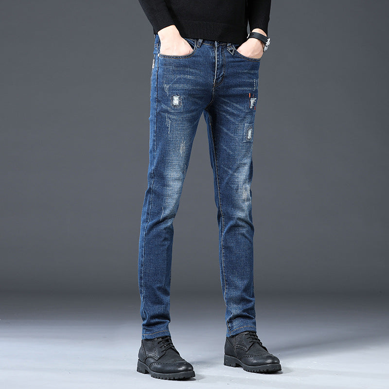 Men Distressed Jeans Man Ripped Jean Destructed Denim Pants Men Summer Jeans Spring Slim-Fitting Stretch Ripped Ankle Tied Jeans Large Size Retro Sports Trousers Men