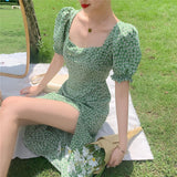Green Fairycore Dress French Square Collar Floral Dress Summer Split Puff Sleeve Dress