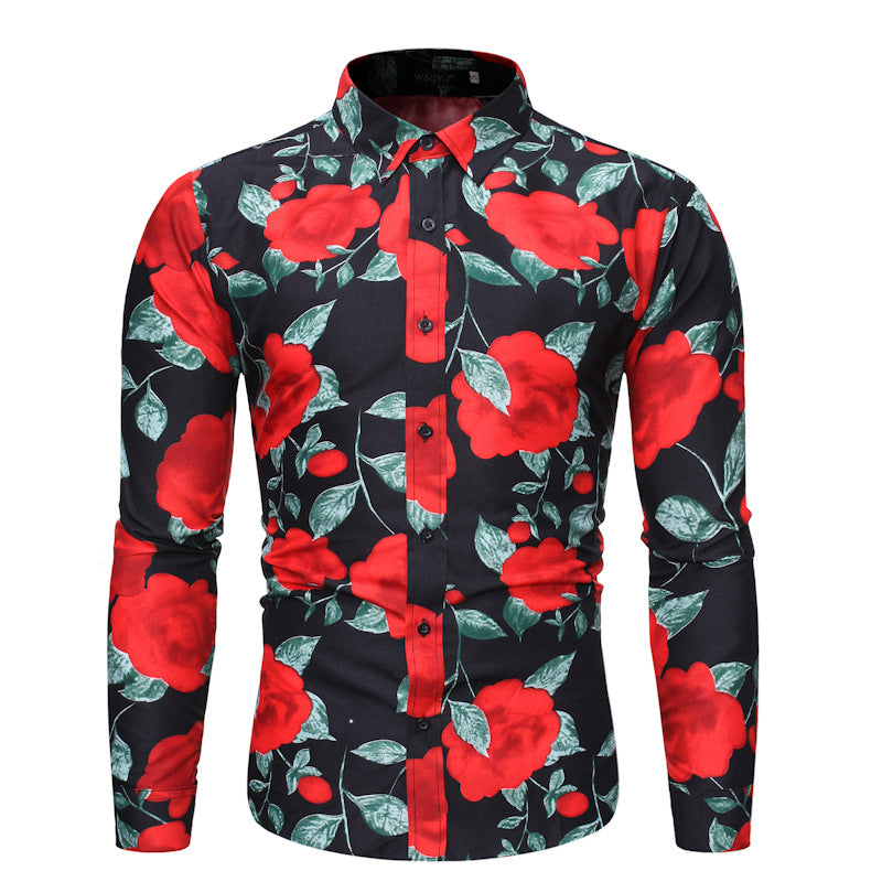 Large Size Sports Four Seasons Men's Long Sleeve Printed Shirt Personality Fashion Flower Shirt Men Shirt
