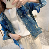 Pearl Jean Jacket Autumn Ripped Denim Jacket Women's Casual Jacket
