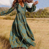 Red Peasant Dress Autumn Corset V-neck Printed Dress for Women