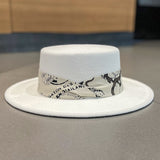 Cam Newton Hats British Woolen Flat Top Hat Women's Autumn and Winter Pattern Ribbon Retro Fedora Hat