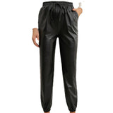 Leather Leggings Loose Casual Biker Leather Trousers Elastic Waist PU Leather Ankle-Tied Leather Pants