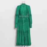 Green Fairycore Dress Autumn Stand Collar High Waist Midi Skirt Belt Slim-Fit Solid Color Pullover Lantern Sleeve Dress