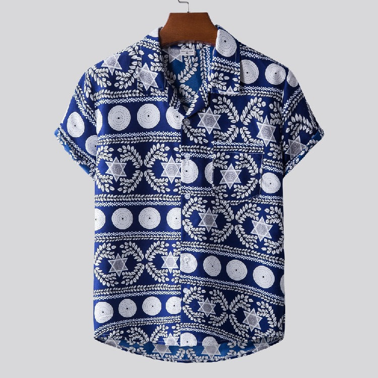 Summer Men's Loose Short Sleeve Printed Retro Sports plus Size Casual Beach Style Men Shirt