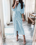 Red Peasant Dress Summer Long-Sleeve V-neck Buttons Printed Dress Long Dress Women's Dress