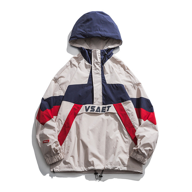 Men's Spring plus Size Retro Sports Creative Printing Half Zipper Hoodie Workwear Jacket Men's Teen Coat Trendy Men Jacket