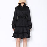 Green Fairycore Dress A- line Dress Autumn Small Stand Collar Single-Breasted Hollow out Stitching Lantern Sleeve Dress