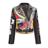 Graffiti PU Leather Jacket Slim-Fit Graffiti Pu Punk Printed Motorcycle Contrast Color Heavy Industry Jacket Short Leather Coat