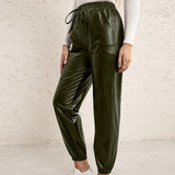 Leather Leggings Loose Casual Biker Leather Trousers Elastic Waist PU Leather Ankle-Tied Leather Pants