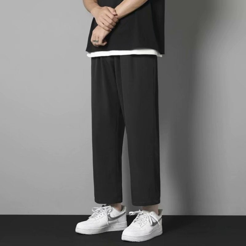 Men Pants Ice Silk Leisure Straight Cropped Suit Pants